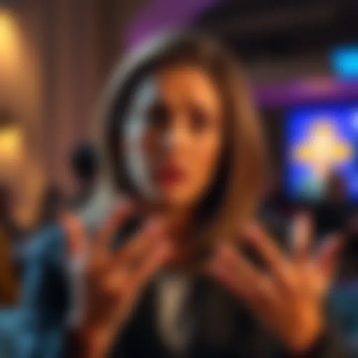 A woman is speaking with a concerned expression, using her hands to gesture as if trying to soften her words before making a critical comment.