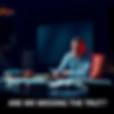 Person Speaking About Controversial Topics A person sitting at a table, expressing their thoughts on controversial subjects like human trafficking and reptilians, looking frustrated and thoughtful, with papers and books around them.