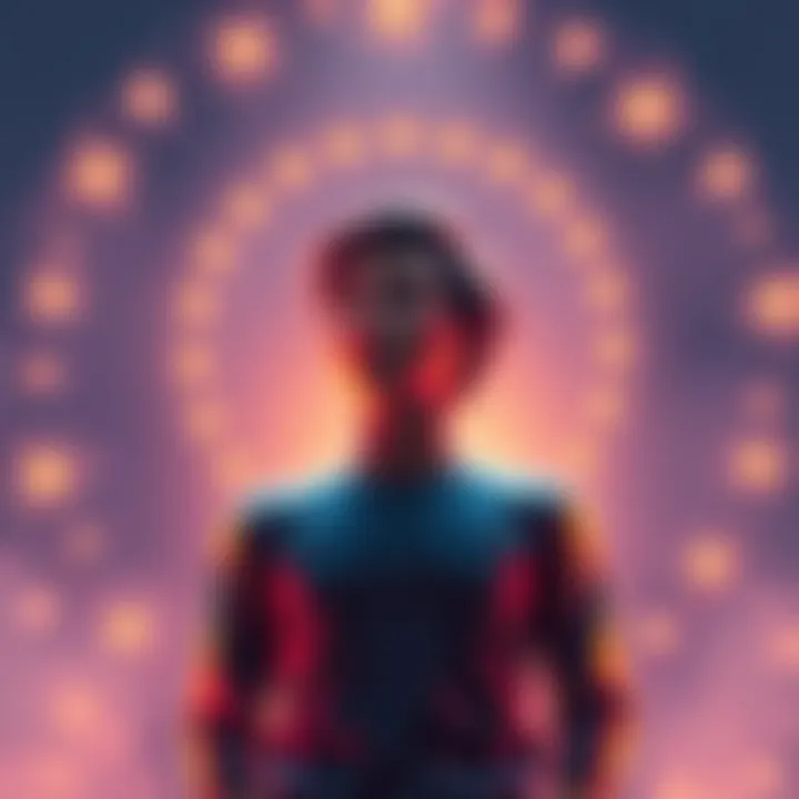 A person standing confidently and speaking intentions aloud with a thoughtful expression, surrounded by a glowing aura that symbolizes their positive mindset.