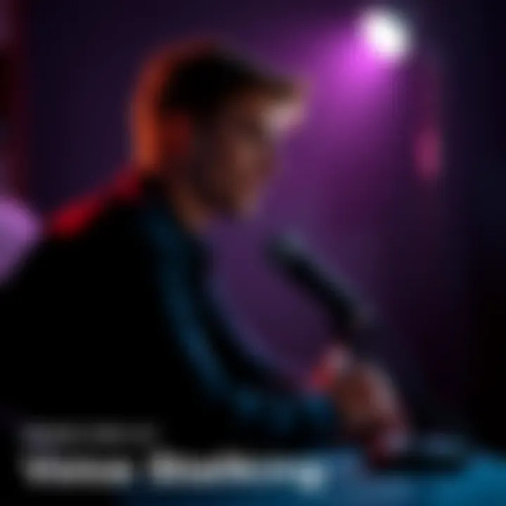 A person sitting in a dark room, looking concerned while speaking into a microphone, representing voice stalking.