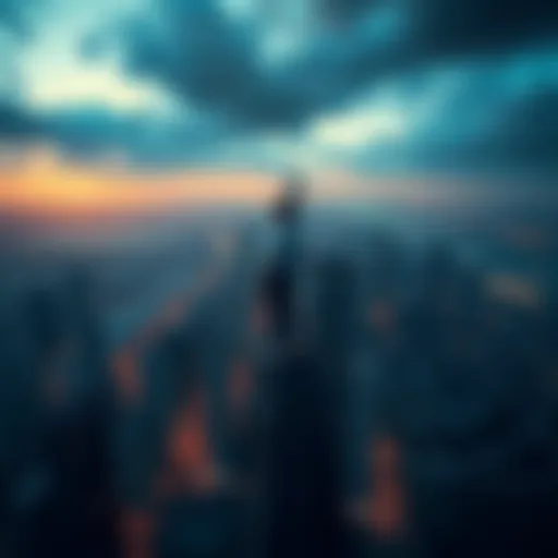 A person on a ledge high above a city gazing out, contemplating the vastness below and feeling an urge to jump