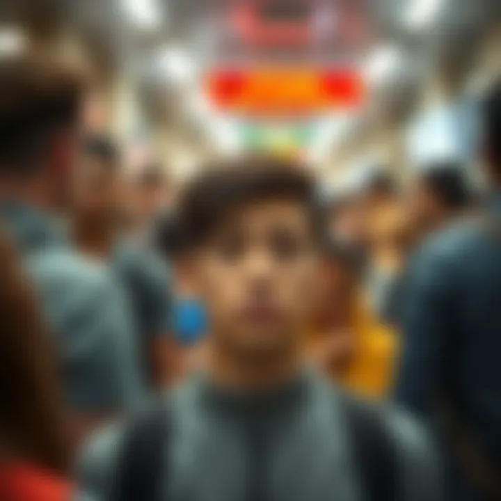 Person experiencing stares from strangers A person looks confused while surrounded by people who are staring at them in a public space