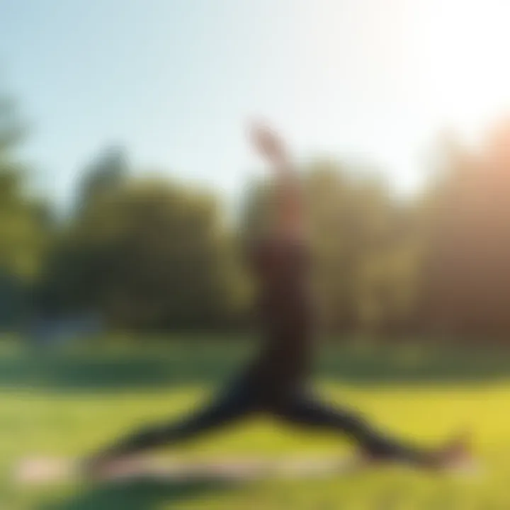 Individual practicing mindfulness by stretching outdoors in a green park on a sunny day, symbolizing the release of dense energy