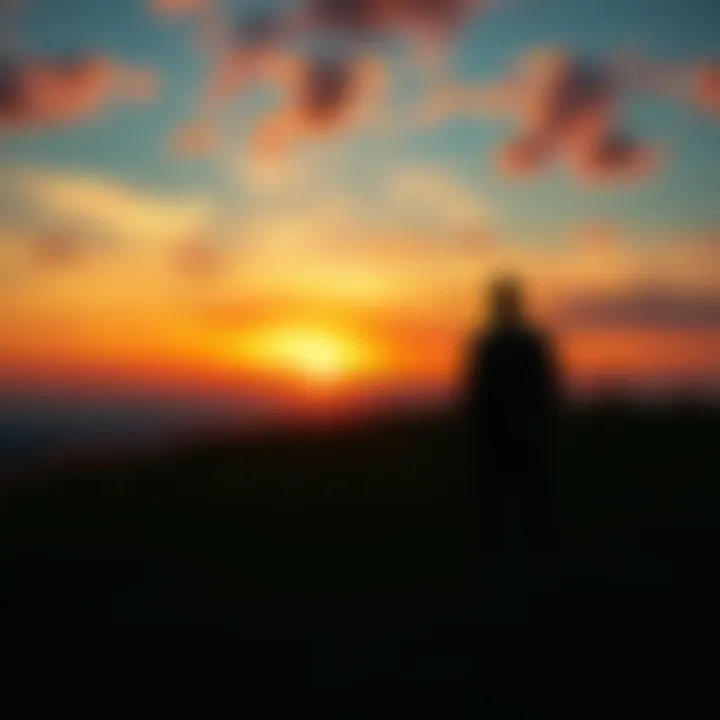 A person standing on a grassy hill, looking at a vibrant sunset with clouds, representing reflection and contemplation on life's impermanence.