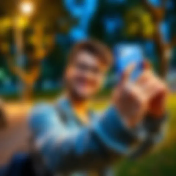 A young person smiles while taking a selfie with a smartphone in a park.