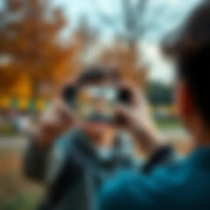 Person taking a selfie A young person holding a smartphone at arm's length, smiling while taking a selfie, with a lively background of a park.