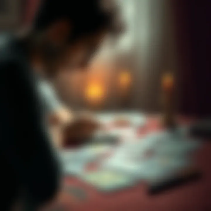A person examining a spread of tarot cards on a table, deep in thought about their meanings and personal questions.