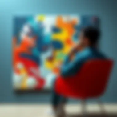 A person sitting in a chair, looking thoughtfully at a complex abstract painting, symbolizing confusion and clarity in understanding reality.