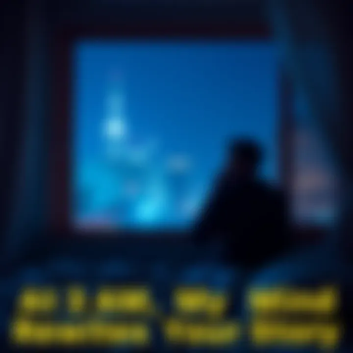 A person sitting on a bed at night, looking thoughtful while looking out a window with city lights in the background