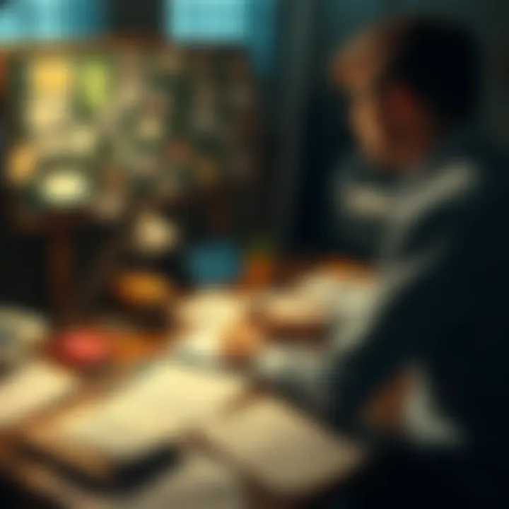 A person sits at a table with papers and notes scattered around, looking thoughtfully at a board filled with connected strings and photos, pondering conspiracy theories and their implications.