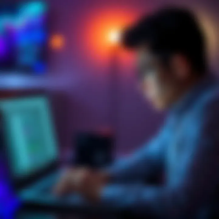 Individual pondering while looking at a laptop screen, representing the search for online answers to psychological questions.