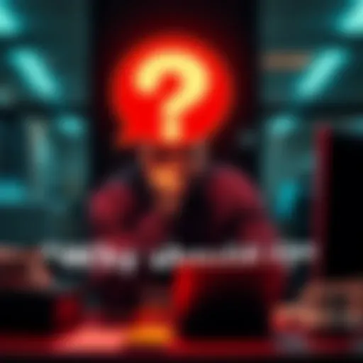 A person sitting at a desk with a thoughtful expression, a question mark above their head symbolizing curiosity and inquiry, illustrating the importance of asking 'Why should I?'.