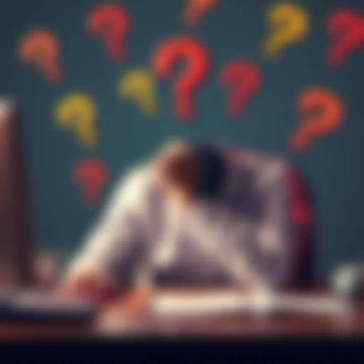 A person sitting at a desk with their hand on their chin, surrounded by question marks, representing difficulty in starting thoughts