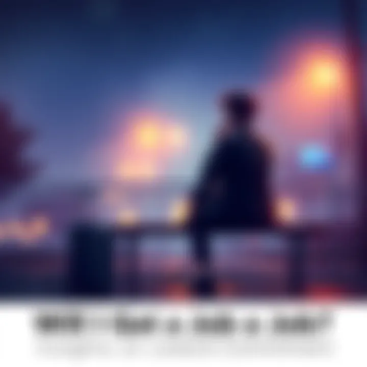 A person sitting on a bench, looking thoughtfully at the ground, with a suitcase beside them, symbolizing their job search and relationship doubts.