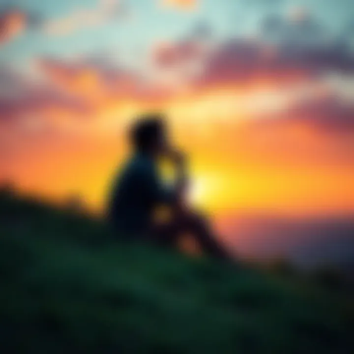 Individual sitting on a grassy hill, looking contemplative with a sunset background, reflecting on their mushroom experience