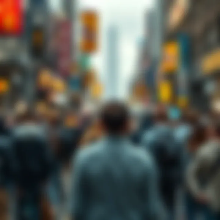 A lone person standing in a busy street, appearing thoughtful and disconnected from the crowd around them, symbolizing feelings of insignificance.