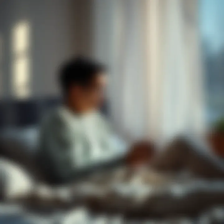 A person sitting on a bed, looking tired despite the bright morning light coming through the window, with a coffee cup in hand.