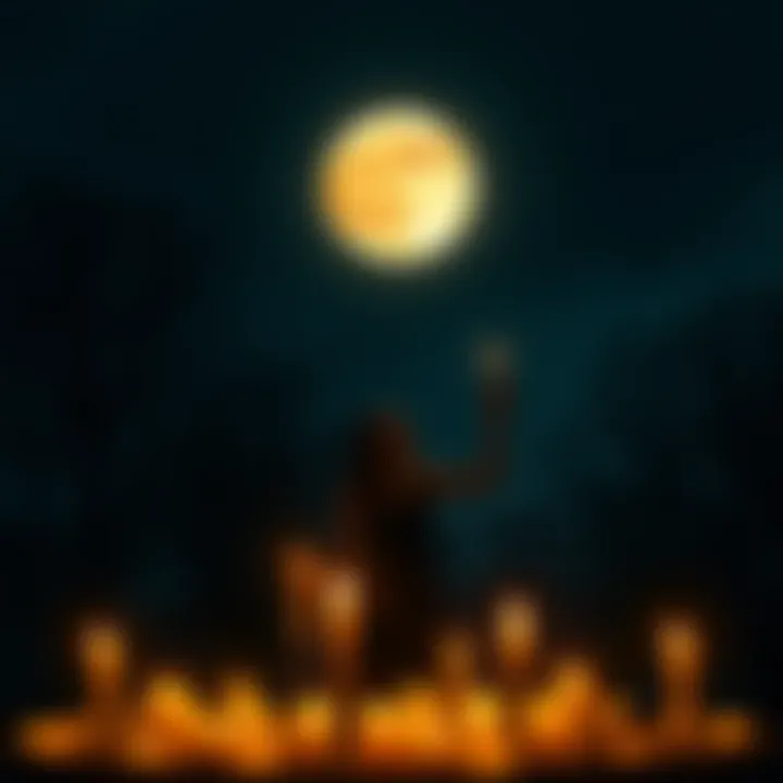 Person performing a transition ritual under the supermoon A person surrounded by candlelight, performing a ritual under a glowing supermoon, with a sense of calm and anticipation