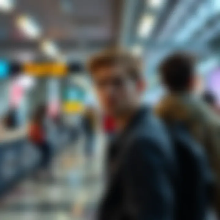 A person stands in a public space, looking uneasy as another individual stares at them from a distance