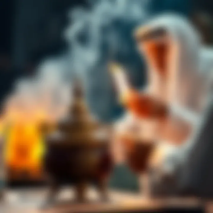 A person lighting bakhoor incense in a traditional burner with smoke rising