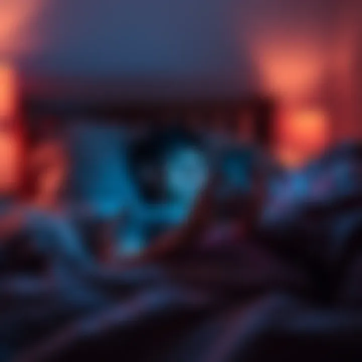 Person using phone in bed A person lying in bed with a smartphone, looking at the screen while surrounded by a cozy blanket and dim lighting.