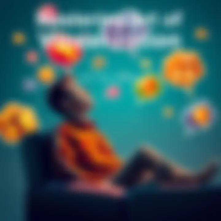 A person sitting comfortably with closed eyes, imagining vibrant images, surrounded by colorful thought bubbles representing creativity.