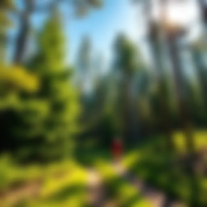 A person enjoying a peaceful walk in a green forest surrounded by trees and sunlight