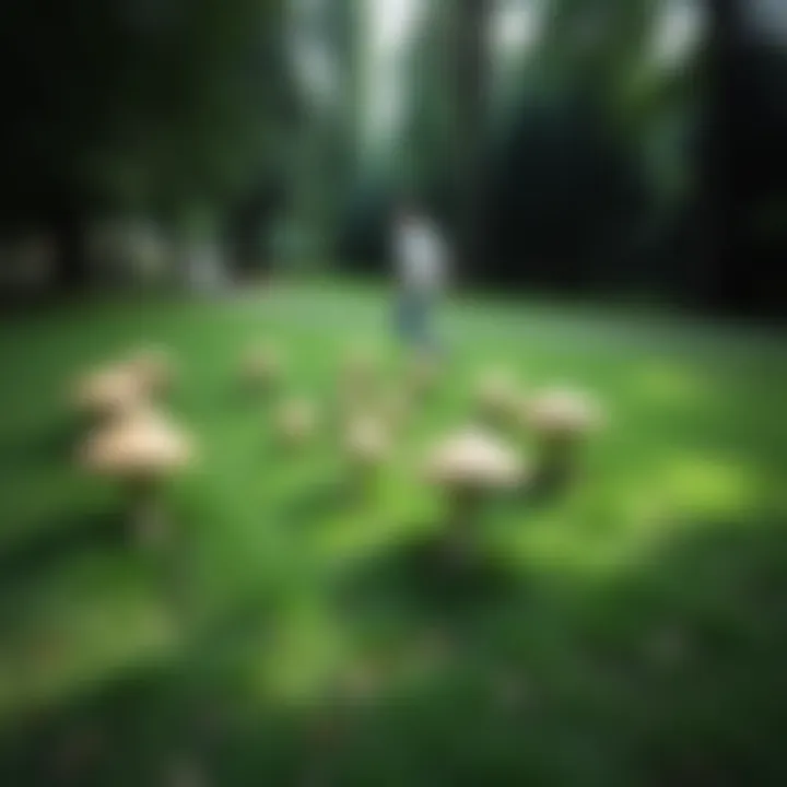 A person stumbling upon a circle of mushrooms in a park, surrounded by green grass and trees, symbolizing a fae ring.