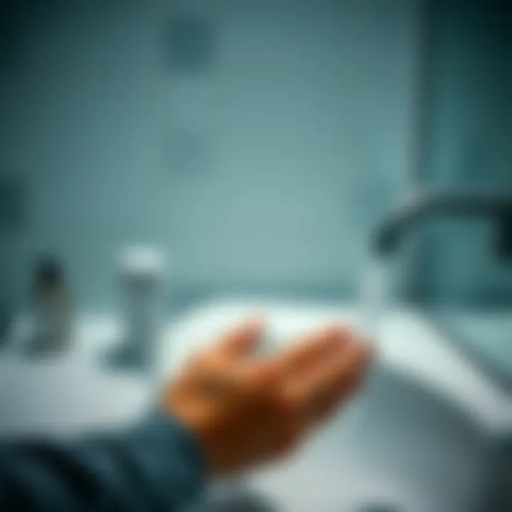 Person washing hands A person at a sink, focused on washing their hands with soap, observing the action