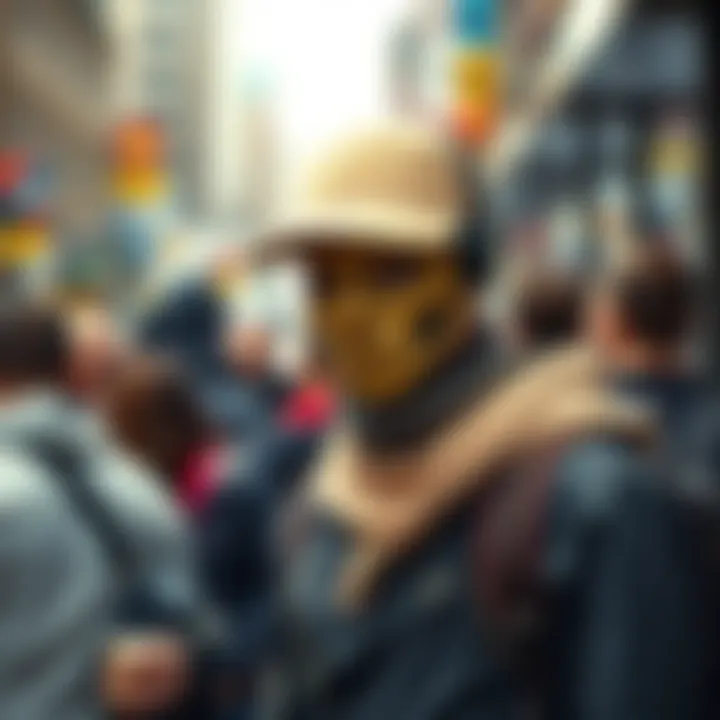 A person wearing a mask and unusual clothing, blending in with a crowd but standing out due to their odd appearance.