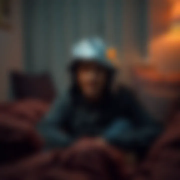 A person sits in a dimly lit room wearing a foil hat, surrounded by blankets and pillows, preparing for the brainwave storm, with a worried expression on their face.
