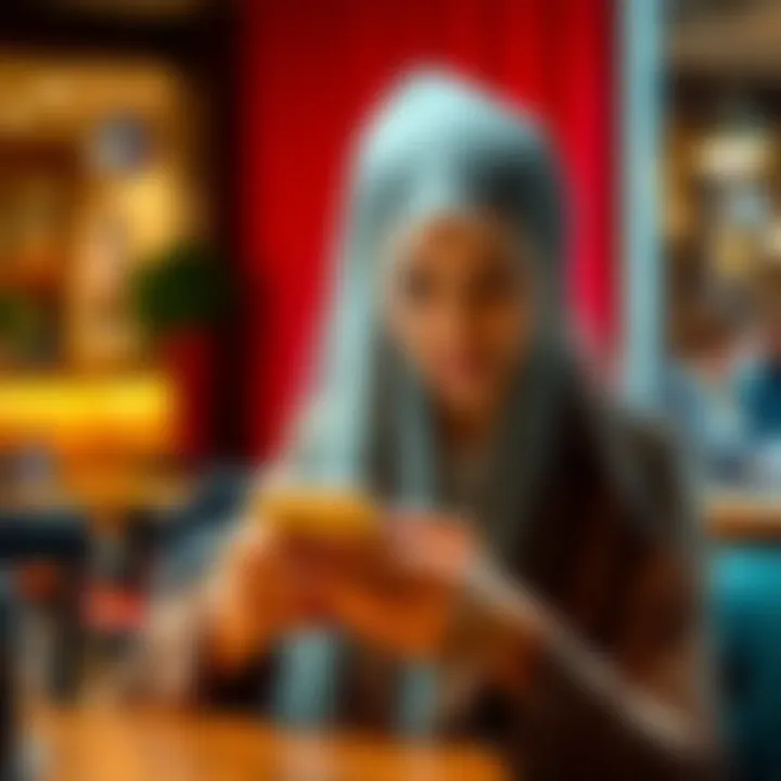 Individual wearing a stylish veil while browsing a dating app on their phone in a cozy cafe setting