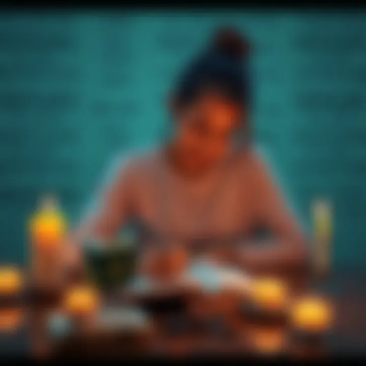 A person sitting at a table, writing affirmations in a notebook with a focused expression, surrounded by inspirational quotes and candles