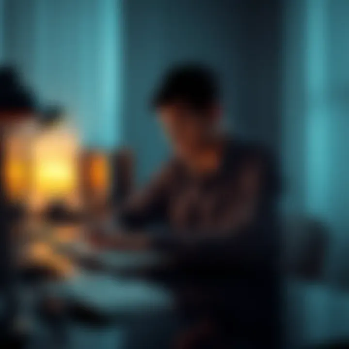 A person sitting at a desk, writing in a dream journal with a thoughtful expression, surrounded by dim lighting and a calming atmosphere.