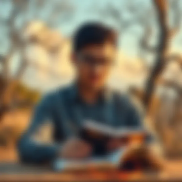 A person confidently writing goals in a notebook, surrounded by a peaceful setting that inspires creativity and focus.