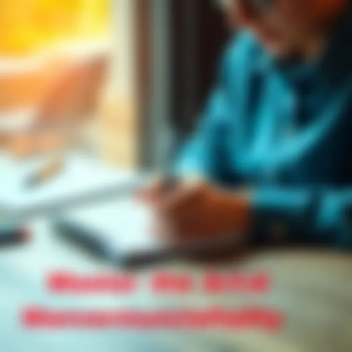 A person sitting at a table, thoughtfully writing a message on a notepad with a pen, focused on their communication skills.