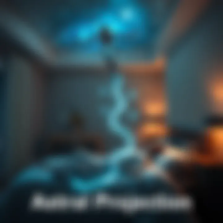 Person Experiencing Astral Projection A person floating above their sleeping body in a serene bedroom, with a glowing silver cord connecting them to their body, surrounded by stars and cosmic elements.