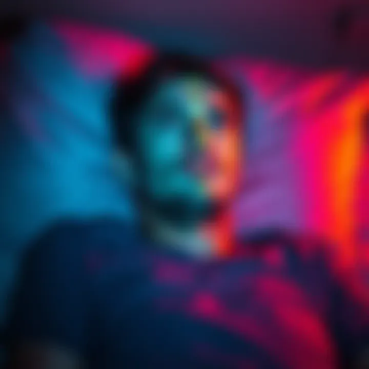 A person lying on a bed with a focused expression, feeling cold sensations on their forehead and chest during astral projection