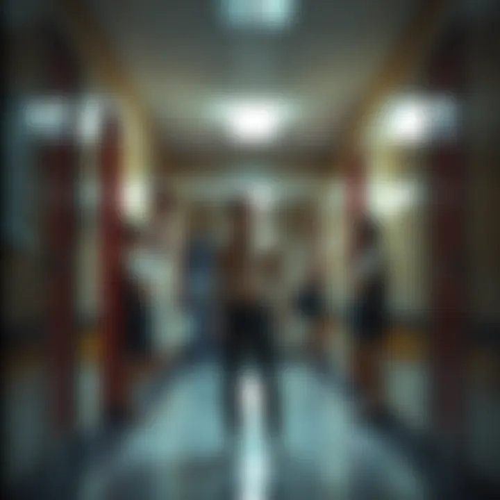 A person stands nervously in a school hallway, feeling exposed and embarrassed about being naked, surrounded by fellow students who seem indifferent.
