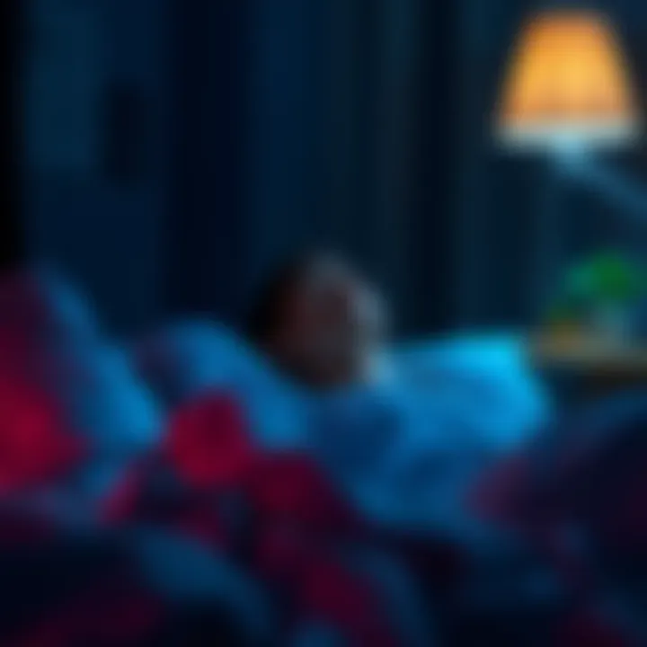 A person lying in bed with a thoughtful expression, staring at the ceiling during midnight, with a soft glow from a bedside lamp illuminating the room.