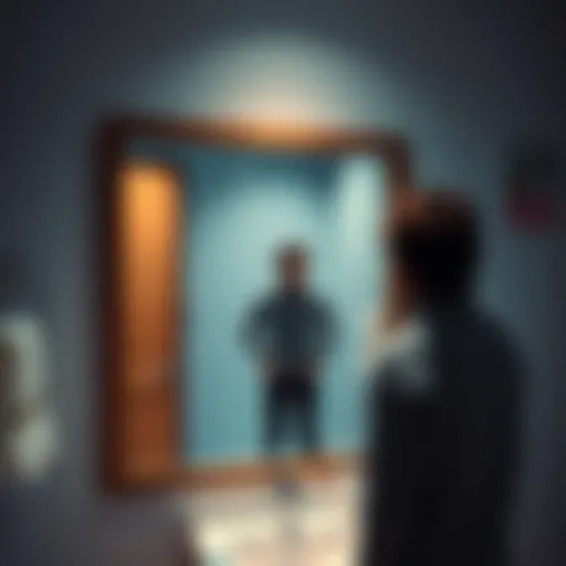 A person stands in front of a bathroom mirror, appearing startled as their reflection seems to move independently