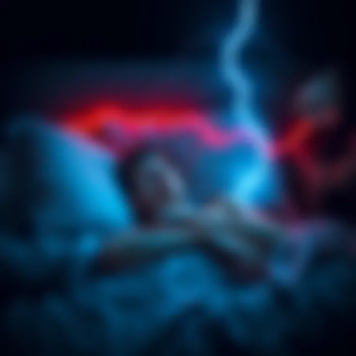 A person lying in bed with a worried expression, feeling a strange electric vibration as they prepare to sleep, surrounded by a dark room.