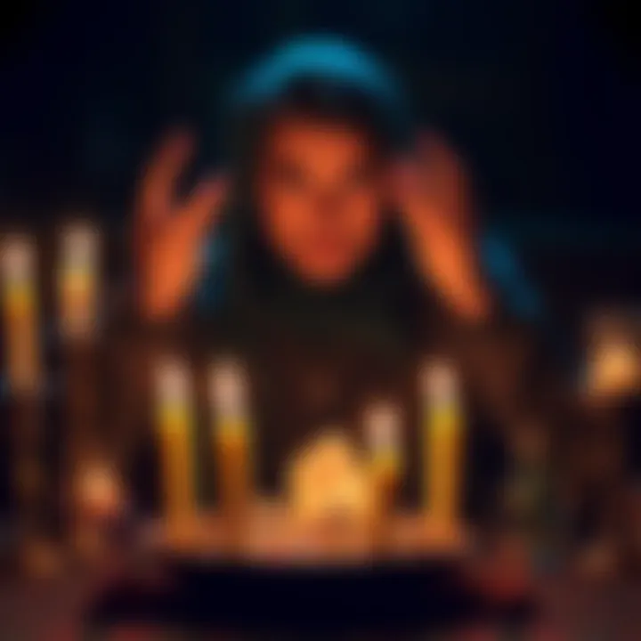 Individual performing a job spell with candles and crystals for better employment prospects