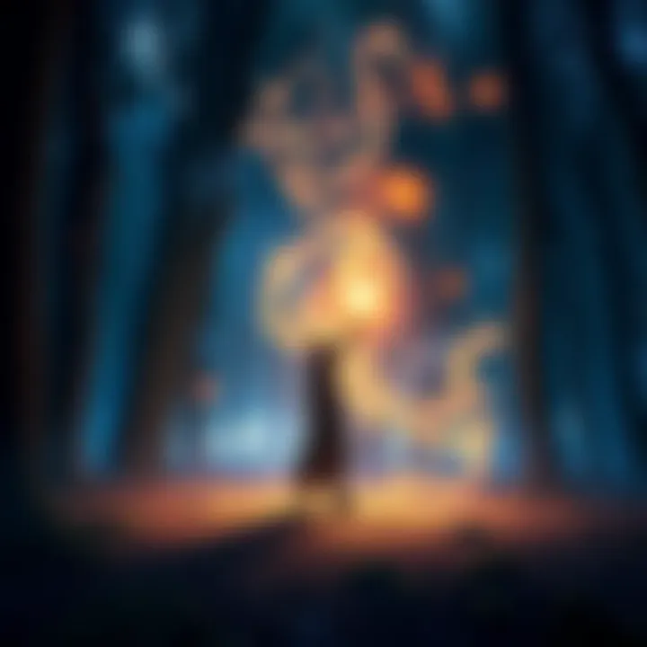 A person stands in a mystical forest, casting spells with a glowing wand, surrounded by swirling magical energy