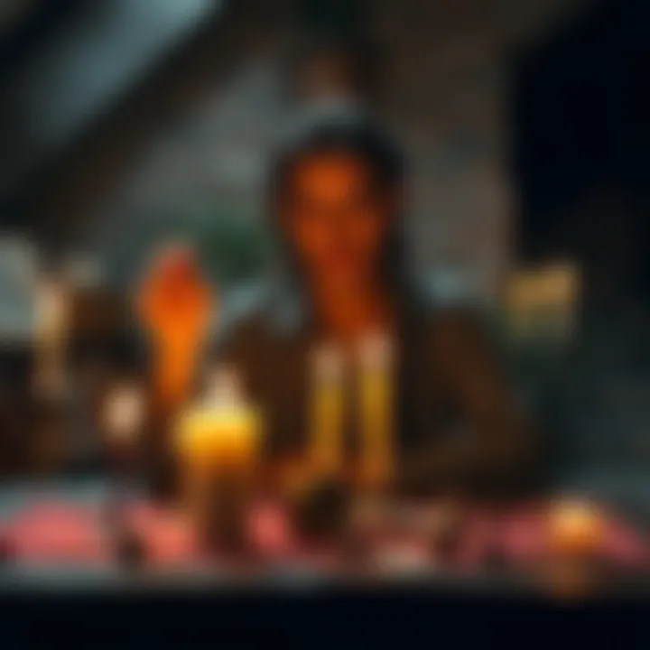 A person sitting at a table with candles and herbs, focused on casting an obsession spell