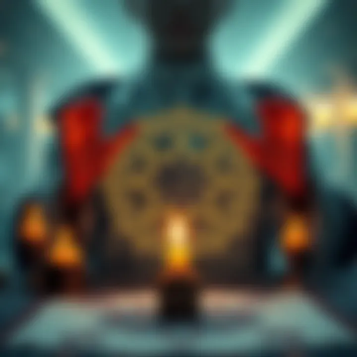 A person practicing magic by drawing a sigil with candles and crystals around them, symbolizing empowerment against corruption