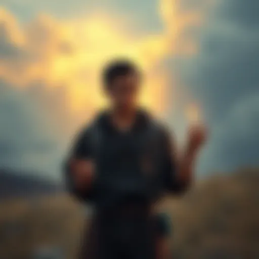 A person standing in a peaceful setting, holding a necklace while focusing on casting a spell, looking slightly shy and awkward.