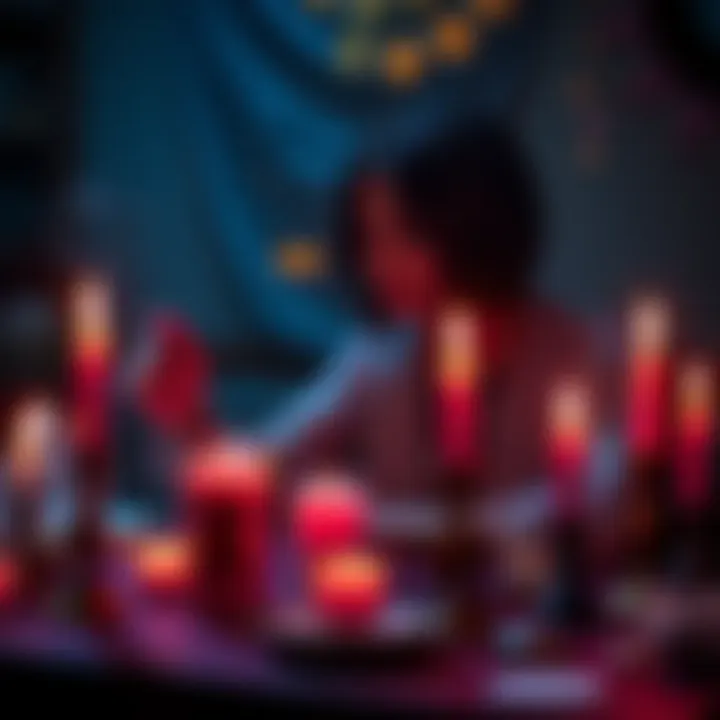 A person sits at a table surrounded by candles and crystals, focused on casting a personal spell