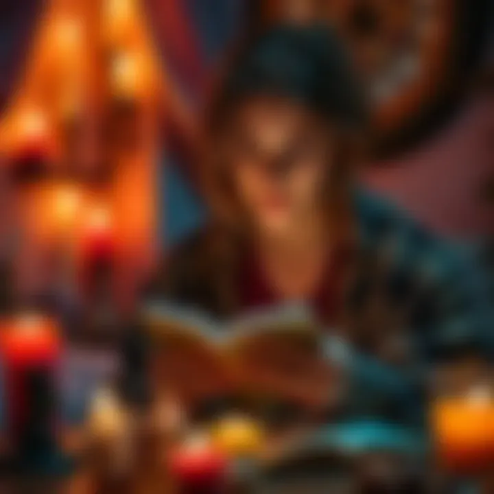 A person in a cozy room with candles and crystals, focused on a small notebook while creating a love spell to attract their crush.