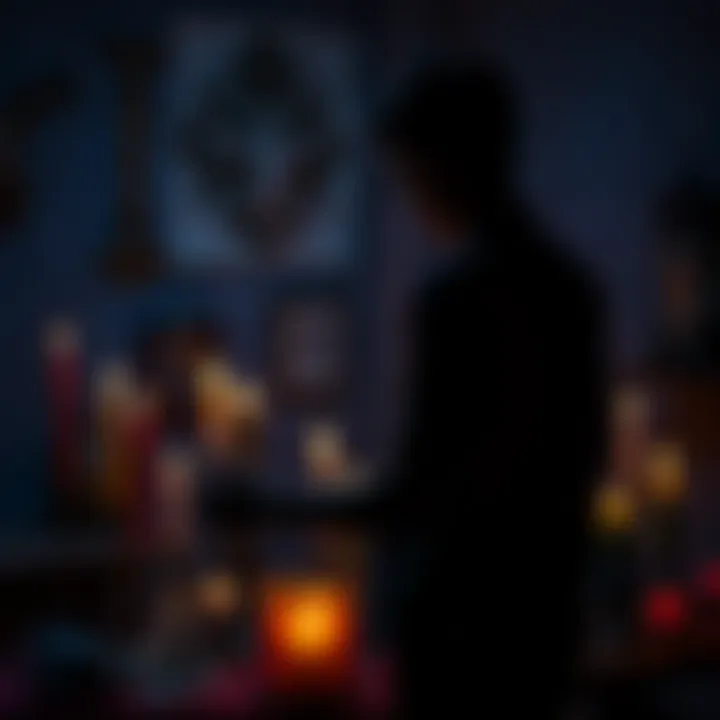 A person stands in a dimly lit room, with candles and crystals around them, focusing on a spell to absorb energy and transform their life.